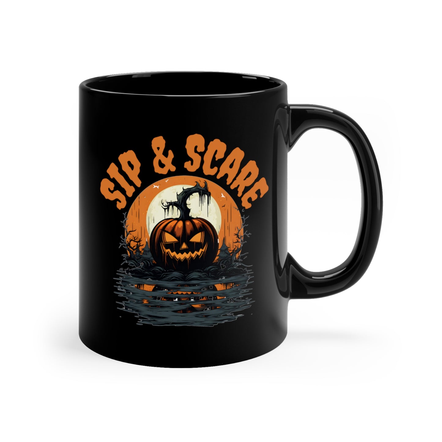 Halloween "Sip & Scare" Pumpkin Black Ceramic Mug, 11oz