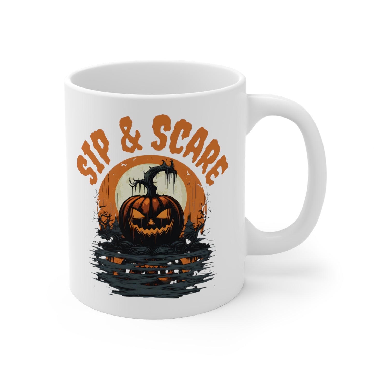 Halloween "Sip & Scare" Pumpkin White Ceramic Mug, 11oz