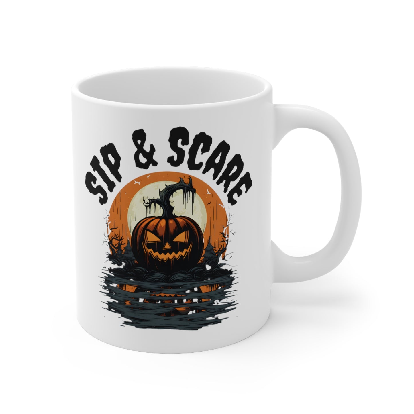 Halloween "Sip & Scare" Pumpkin White Ceramic Mug, 11oz