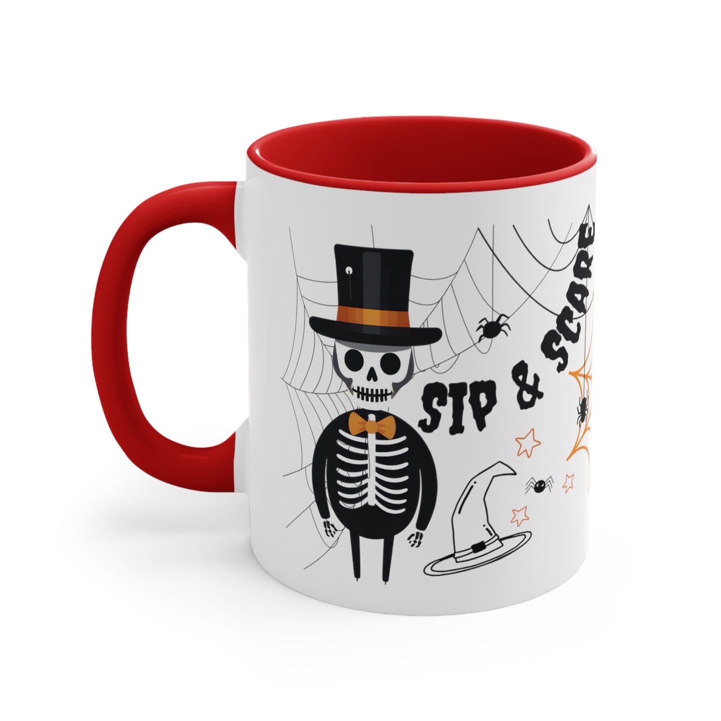 Halloween "Sip & Scare" Skeleton Red Accent Ceramic Mug, 11oz