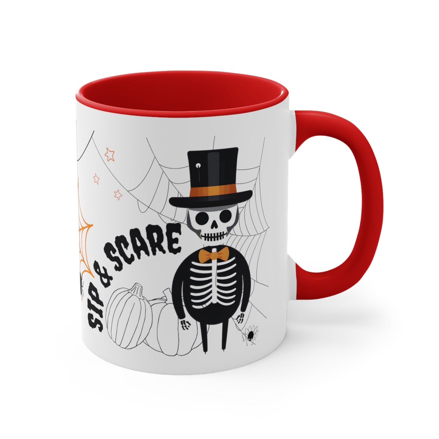 Halloween "Sip & Scare" Skeleton Red Accent Ceramic Mug, 11oz