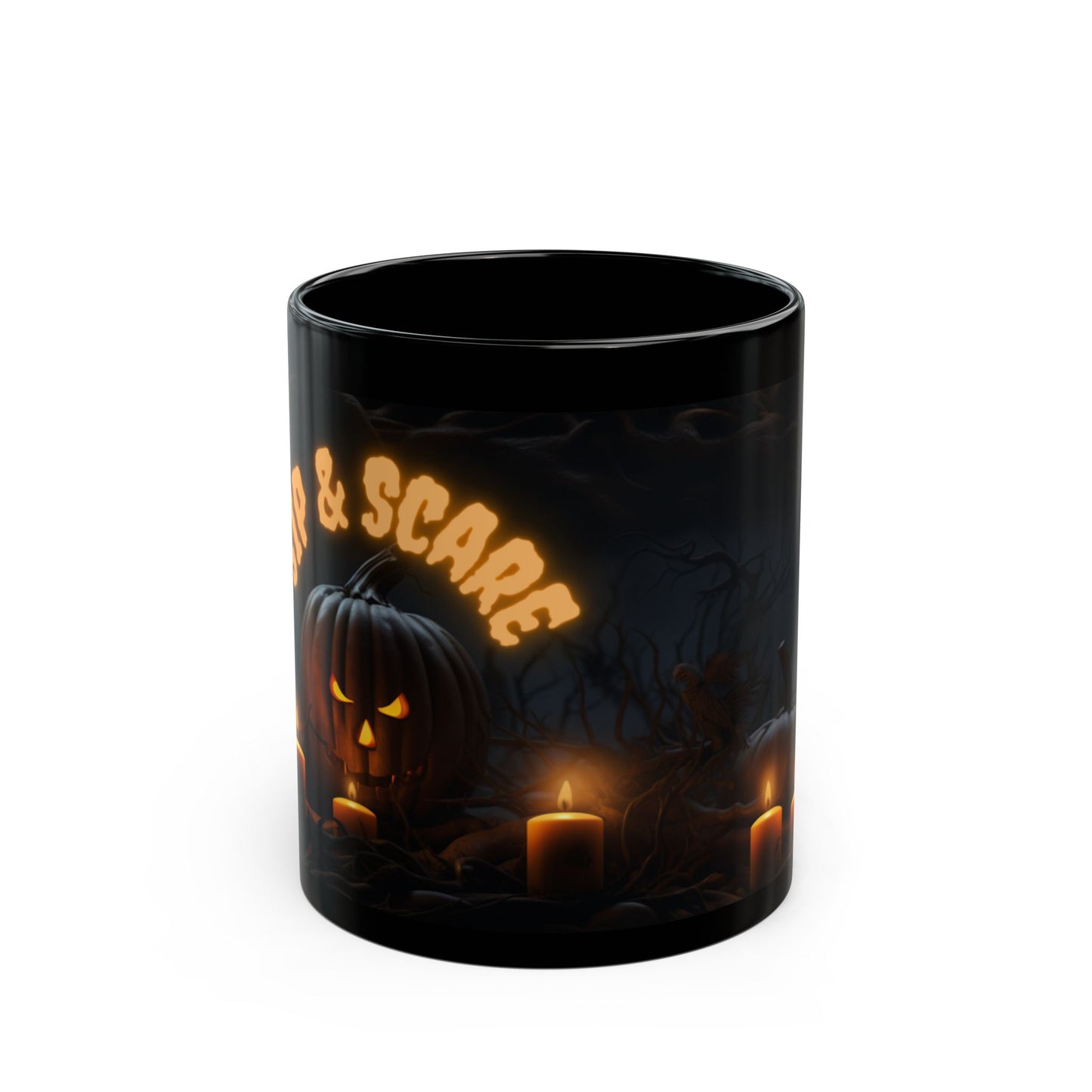 Halloween "Sip & Scare" Scary Pumpkins Black Ceramic Mug, 11oz