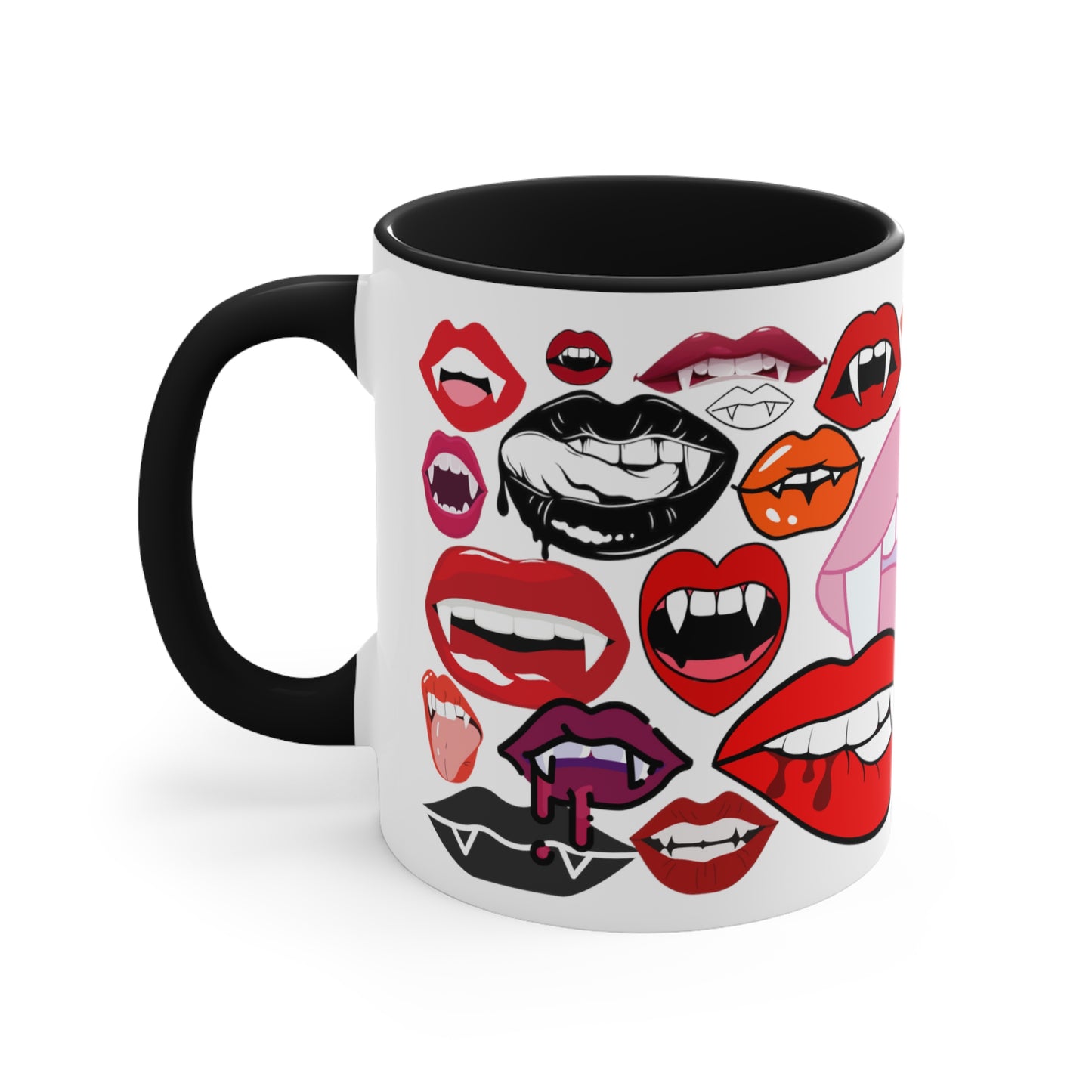 Halloween Vampire Fangs Lips Black Accent Ceramic Mug, 11oz