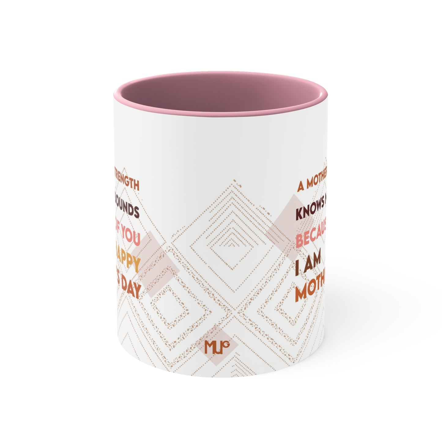 Mother's Day "A mother's strength knows no bounds. Because of you, I am. Happy Mother's Day." Pink Accent Ceramic Mug, 11oz