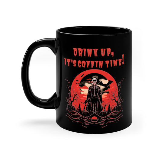 Halloween "Drink Up, It's Coffin Time!" Black Ceramic Mug, 11oz