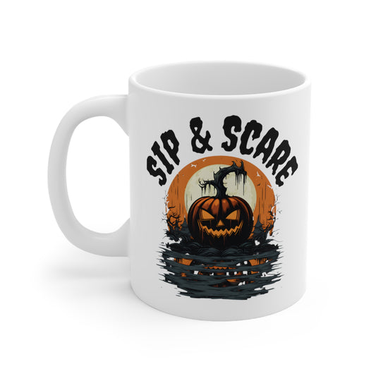 Halloween "Sip & Scare" Pumpkin White Ceramic Mug, 11oz