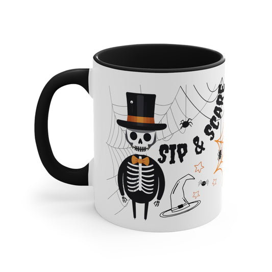 Halloween "Sip & Scare" Skeleton Black Accent Ceramic Mug, 11oz
