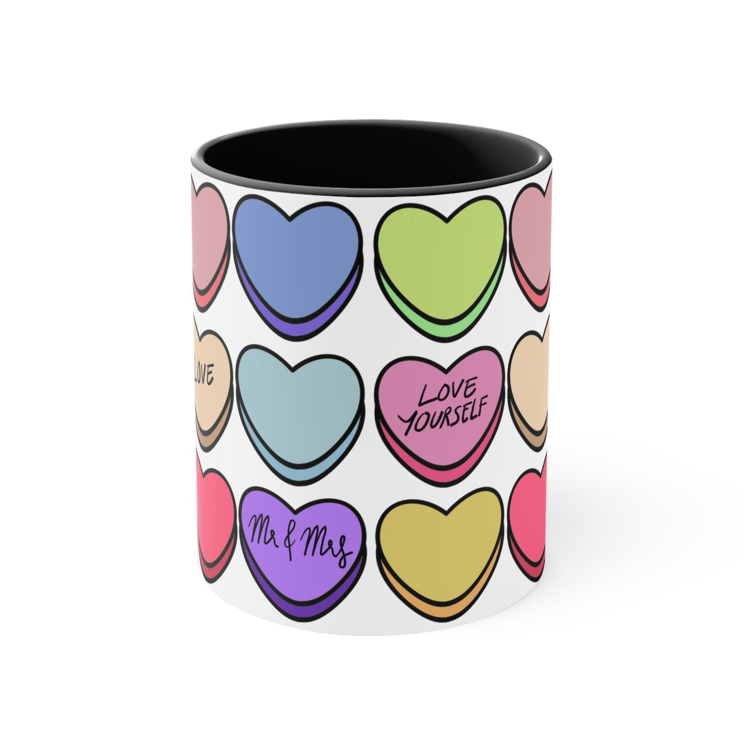 Hearts print Black Accent Ceramic Mug, 11oz