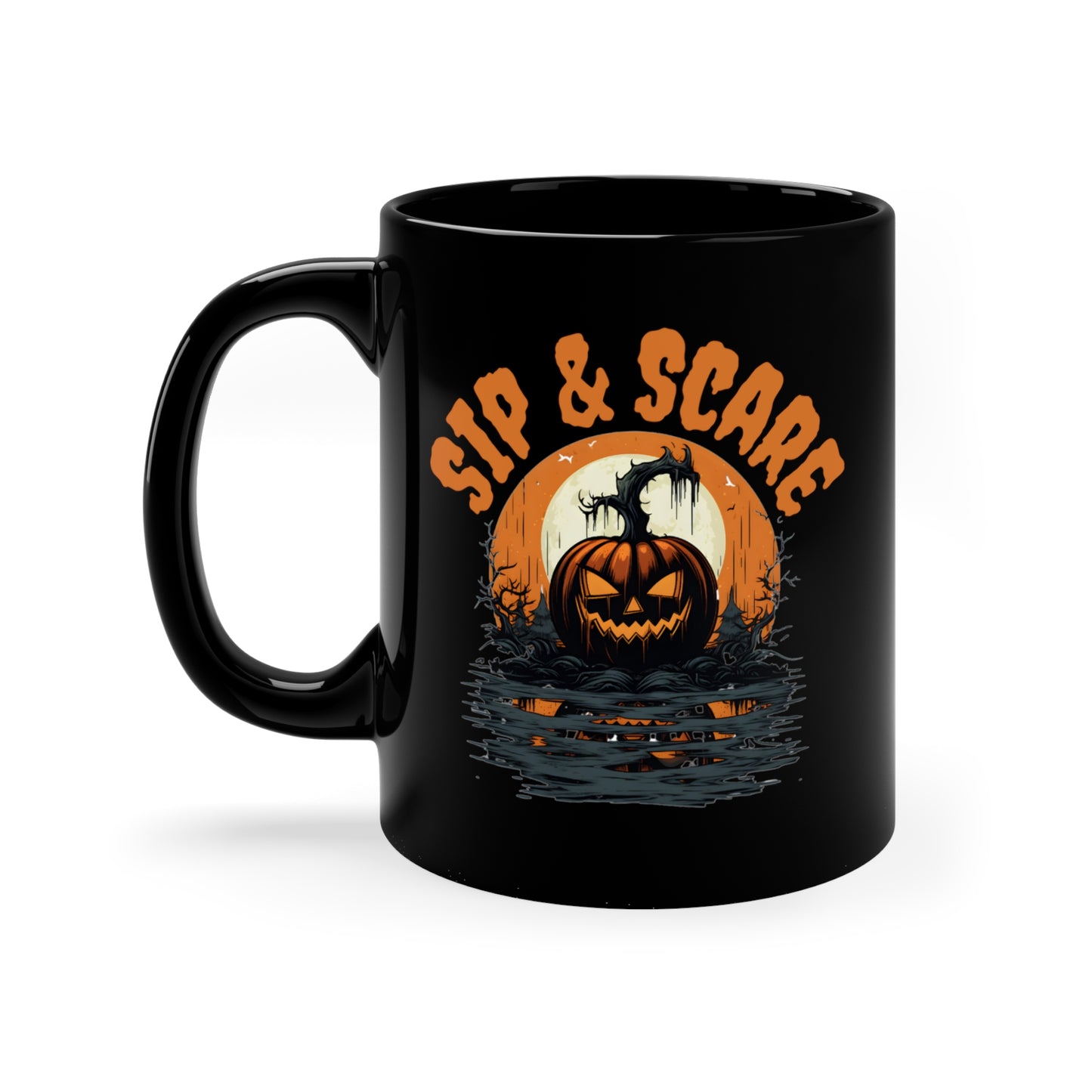 Halloween "Sip & Scare" Pumpkin Black Ceramic Mug, 11oz