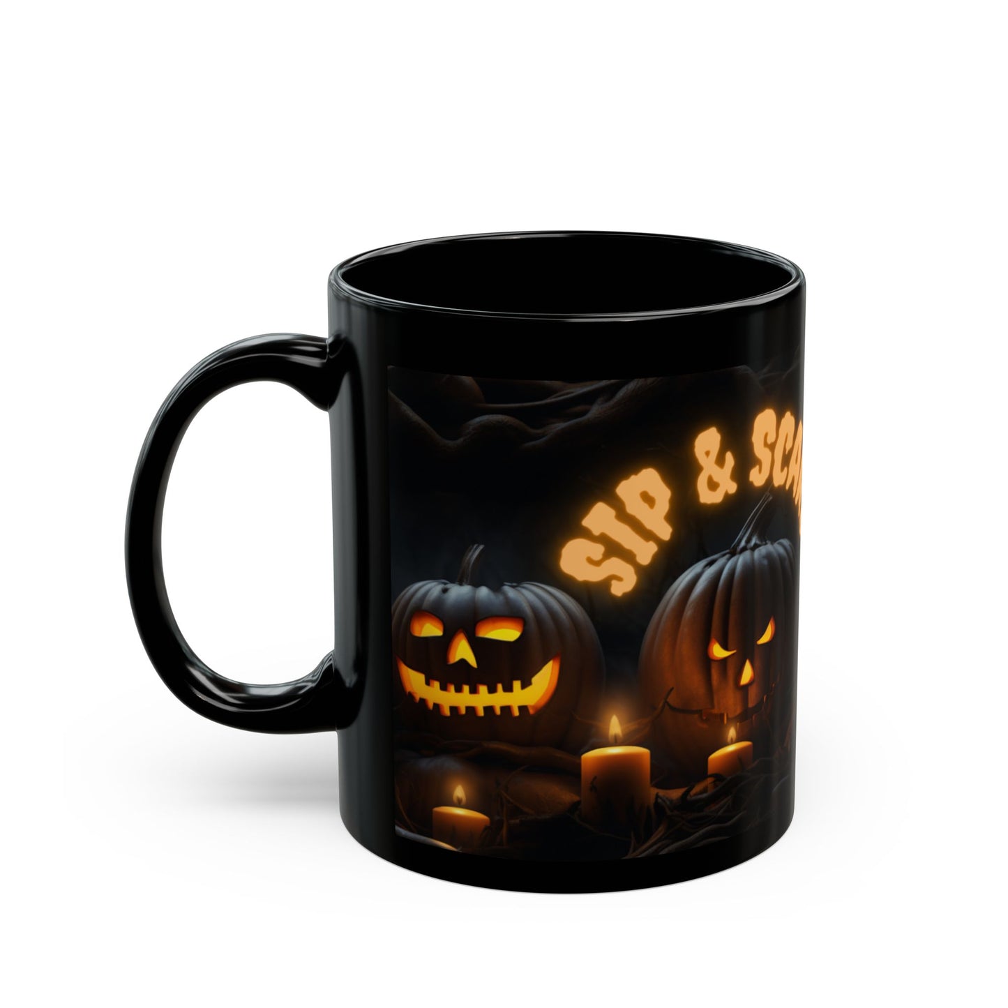 Halloween "Sip & Scare" Scary Pumpkins Black Ceramic Mug, 11oz