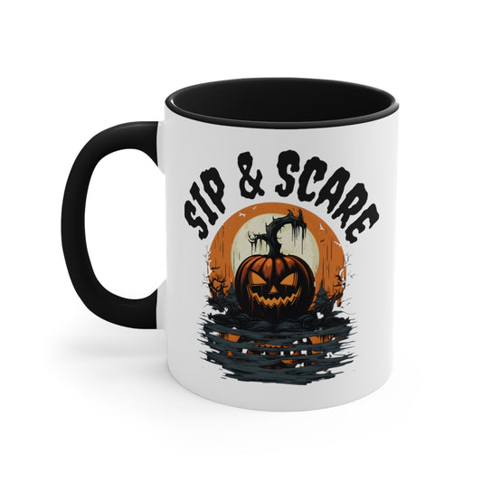 Halloween "Sip & Scare" Pumpkin Black Accent Ceramic Mug, 11oz