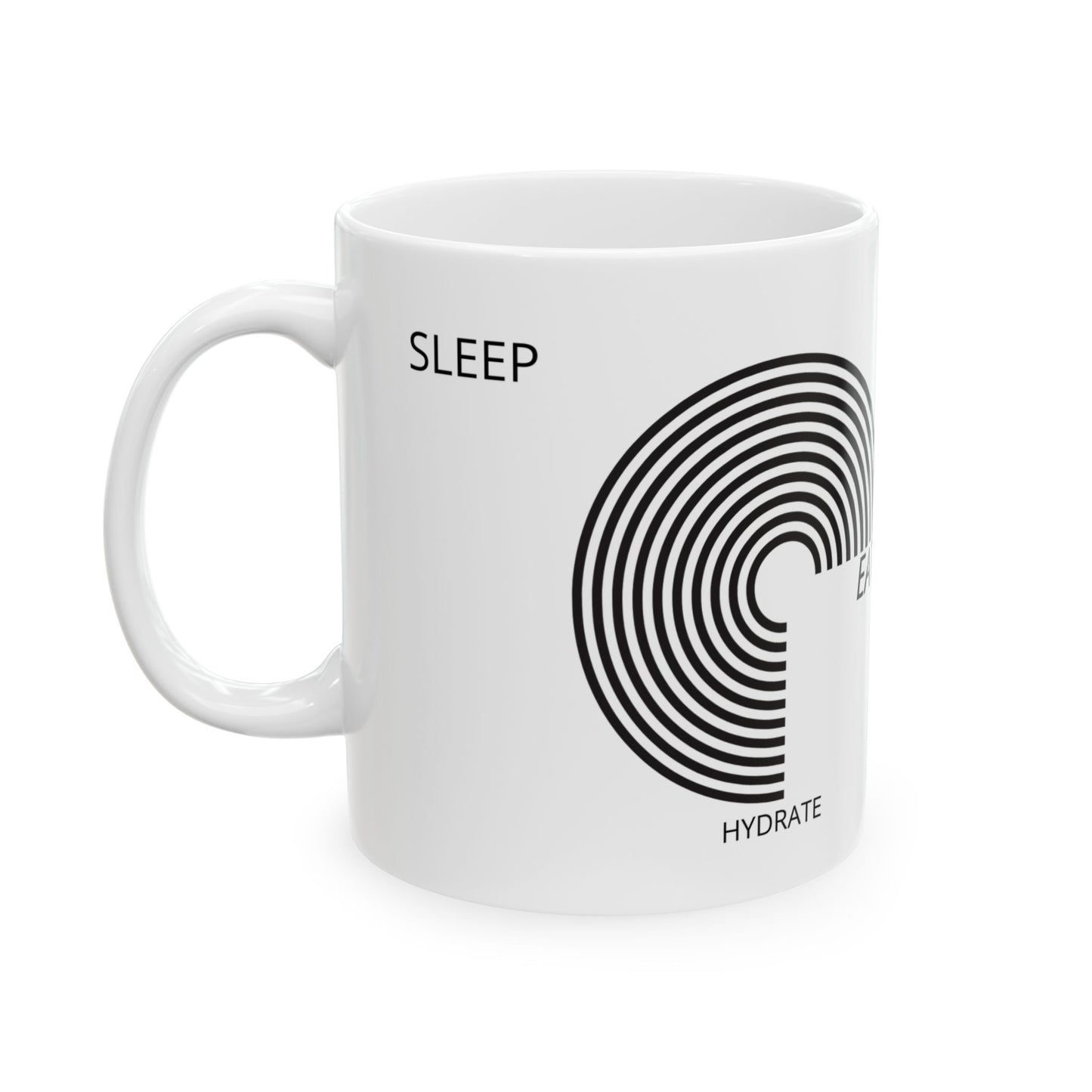 "Sleep, Eat, Hydrate, Hug Your Pet, Repeat" Text White Ceramic Mug, 11oz