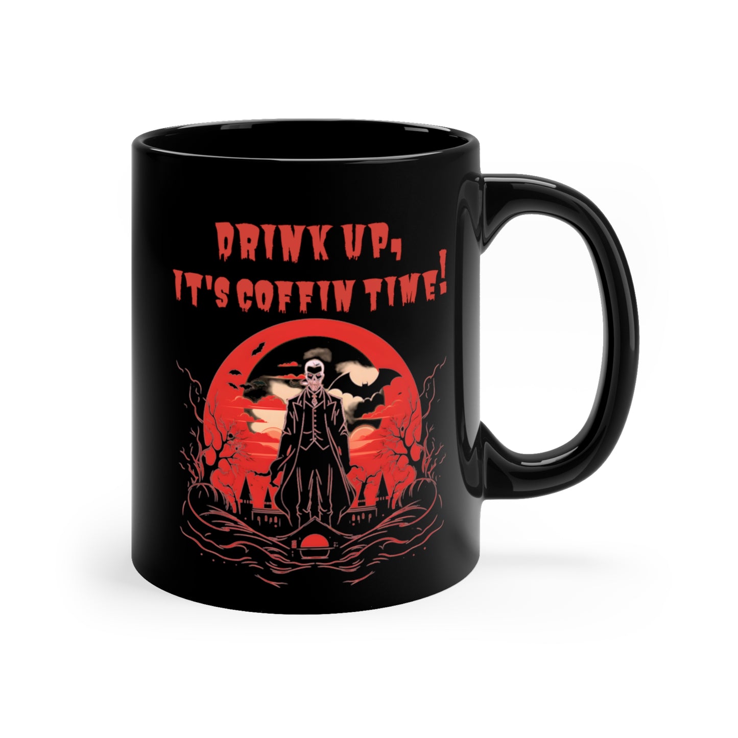 Halloween "Drink Up, It's Coffin Time!" Black Ceramic Mug, 11oz