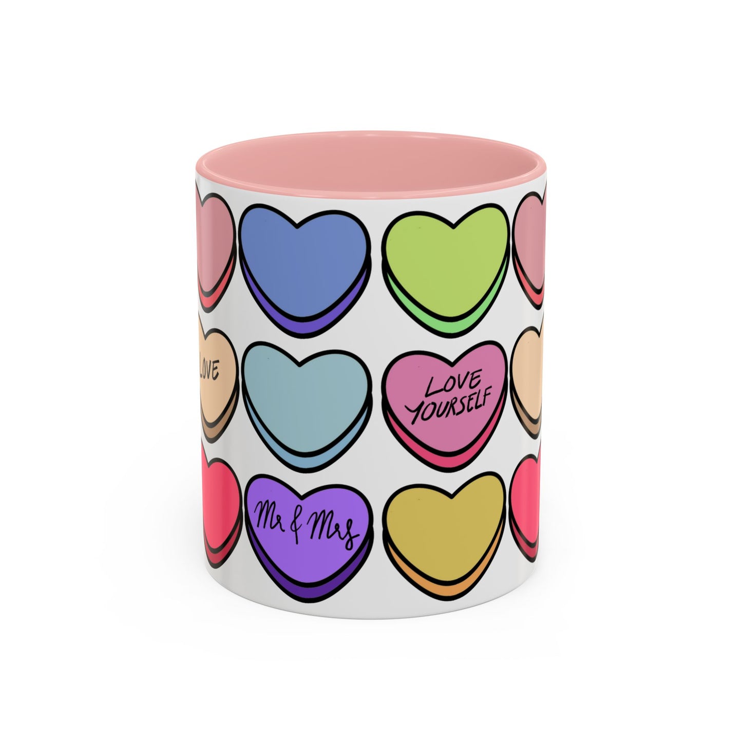 Hearts Candy, Pink Accent Ceramic Mug, 11oz