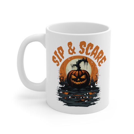 Halloween "Sip & Scare" Pumpkin White Ceramic Mug, 11oz