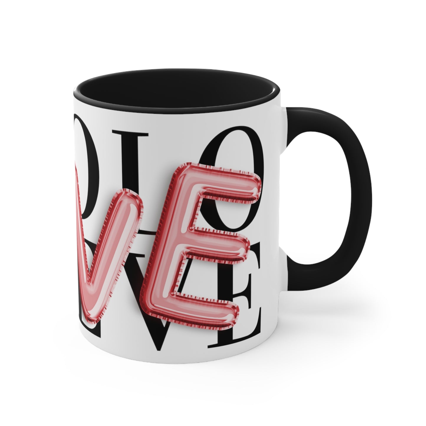 "Love" Inflated Design, Black Accent Ceramic Mug, 11oz